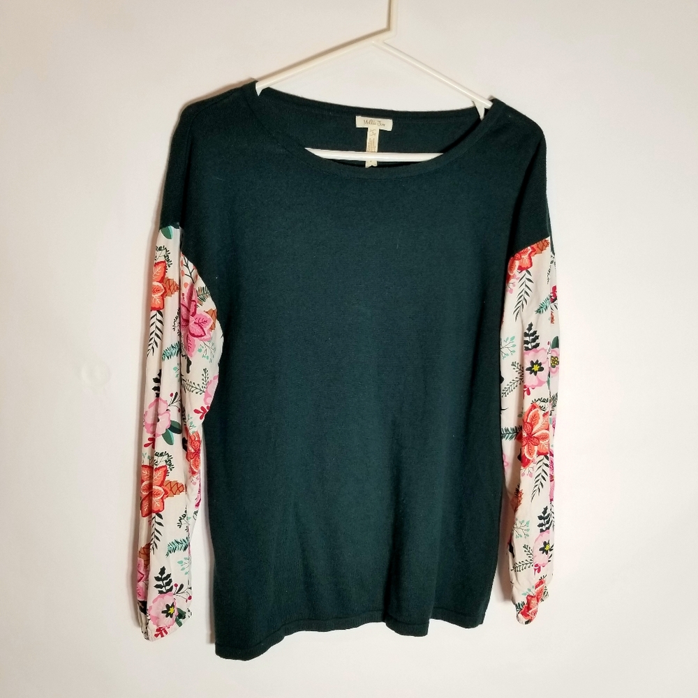 Matilda Jane Sweater Women's Small Green Floral Sleeve Fancy & Flouncy Stretch